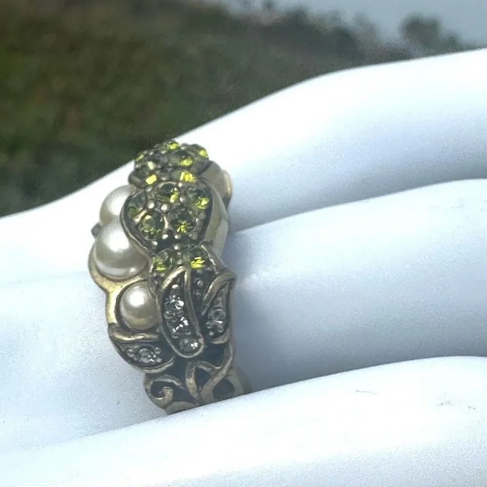 Heidi Daus Pearl & Green Crystal Band Ring